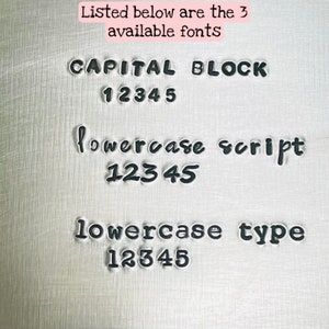 May include: Image showing three different font styles: CAPITAL BLOCK, lowercase script, and lowercase type. Each font style is shown with the numbers 12345.