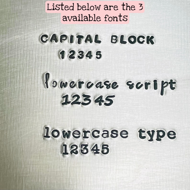 May include: Image showing three different font styles: CAPITAL BLOCK, lowercase script, and lowercase type. Each font style is shown with the numbers 12345.