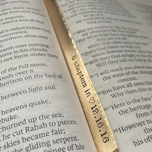 May include: A gold-colored bookmark with the text "8 chapters in 12.16.16" engraved on it. The bookmark is lying on top of an open book.