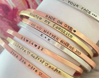 Personalized Galentines Day Gift for Best Friend • Hand Stamped Thin Metal Cuff Bracelet • Skinny Custom Bestie Gift • Soul Sister Gift