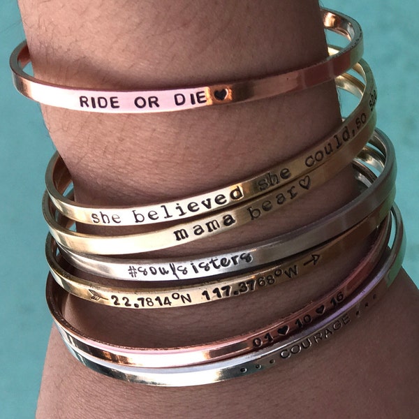 YOUR Custom Quote  Bracelet  Name Bracelet  Personalized Engraved Cuff Bracelet  Thin Cuff Bracelet Easter Basket gift idea Under 15 dollars