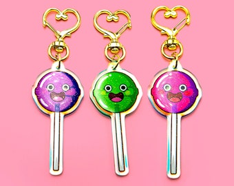 Kawaii Acrylic Lolly Keychain - Double sided rainbow glitter epoxy finish