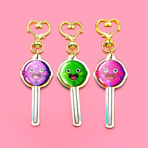 Kawaii Acrylic Lolly Keychain Double sided rainbow glitter epoxy finish image 1