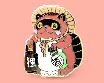Cute Tanuki pin - Raccoon lapel pin - hard enamel Yokai pin - japanese folklore