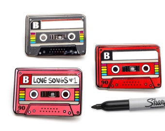 Old school Mixtape pin - Write your own title on the pin - hard enamel black, pink and red cassette tape pin