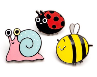 Garden Friends hard enamel pins - Pastel Snail, Ladybug and Baby Bee lapel pins