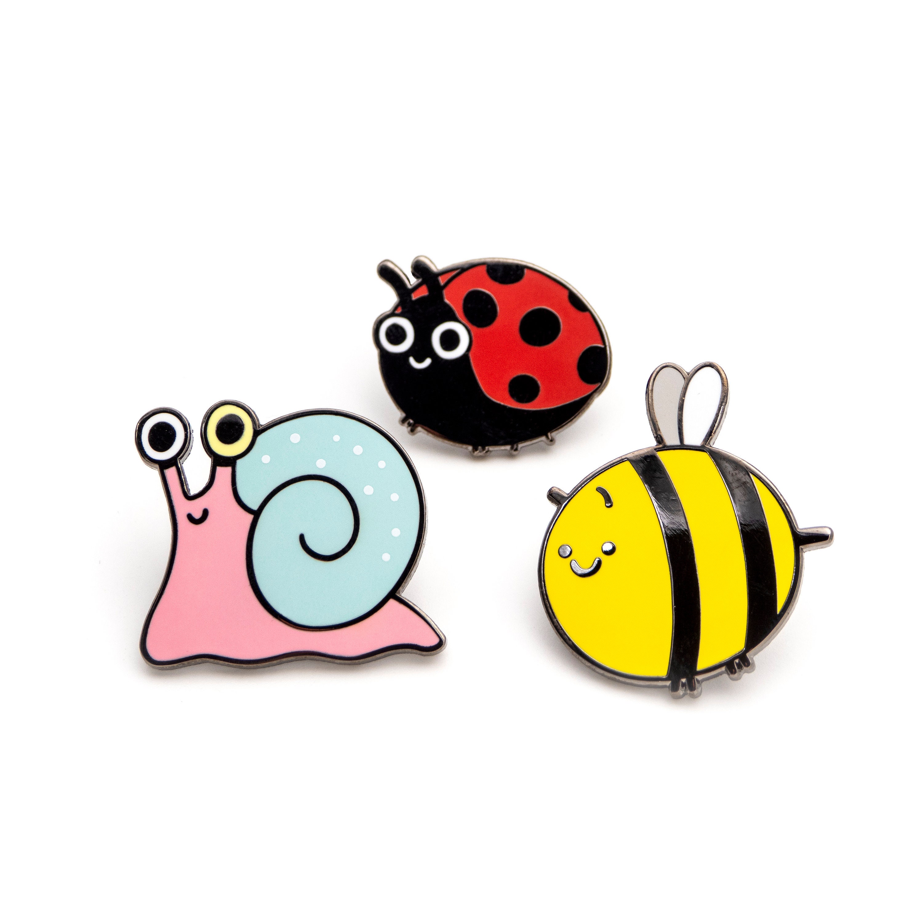 Garden Friends hard enamel pins - Pastel Snail, Ladybug and Baby Bee lapel pins