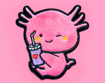 Fluffy Axolotl iron-on patch - Kawaii animal embroidered patch