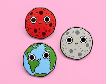 Happy Planet Earth Emaille Pins + Mars und der Mond Anstecknadel