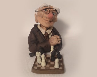 Geri's Game. Handmade polymer clay action figure.  Unique collectible.