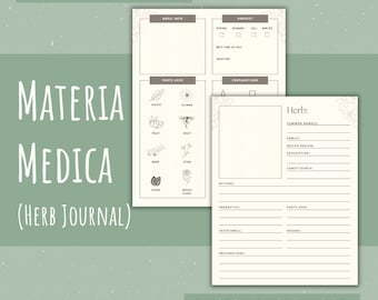 May include: A printable herb journal with the title "Materia Medica (Herb Journal)" in brown text. The journal includes sections for basic info, parts used, harvest, preparations, and a page for recording information about a specific herb.