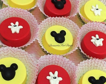 1 Dz. Mickey Themed Covered Oreos. Chocolate Covered Oreos. Mickey Mouse Party. Minnie Mouse Party. Dessert Table. Party Favors