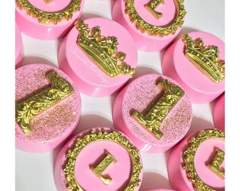 1 Dozen First Birthday Chocolate Covered Oreos. Princess Oreos. Glitter Oreos. Gold and Pink Covered Oreos. Baby Shower. Birthday. Crown.