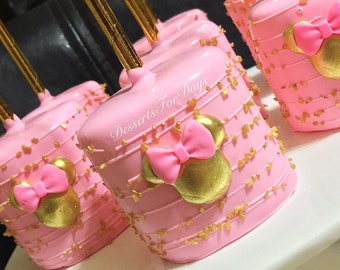 1 Dozen Minnie Mouse Themed Chocolate Covered Marshmallow Pops. Minnie Mouse Birthday.Gold and Pink Minnie Party.Mickey Mouse.First Birthday
