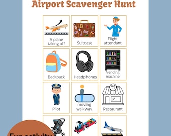 Puede incluir: Una búsqueda del tesoro imprimible del aeropuerto para niños, con ilustraciones de un avión despegando, una maleta, una azafata y más. El texto dice "DESCARGA INSTANTÁNEA" y "Actividad divertida para niños mientras viajan."