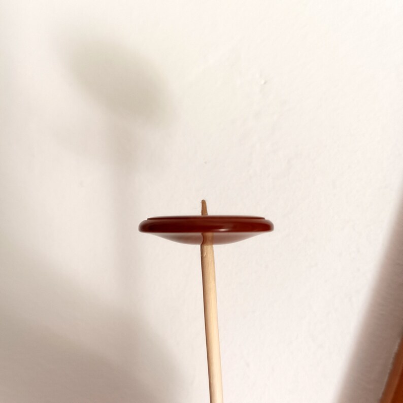 a brown button is resting on a wooden stick
