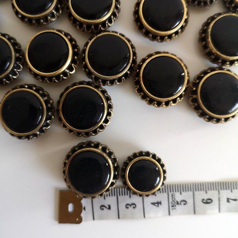 VINTAGE 50s 60s Twenty Black Buttons With Metal Crown NOS Medium Small Antique