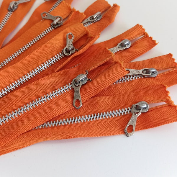 70s Ten Orange Metal Zippers 18cm, Dress Skirt Trousers Zippers Made In Italy