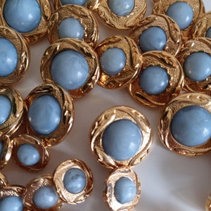 Jewel Buttons Gold Tone Metal Light Blue Cabochon, Coat Blazer Dress Shirt Buttons, Made In Italy High Fashion Buttons