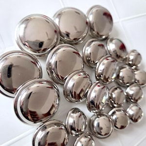 Sets of Silver Tone Metal Buttons, Round Dome Shape, 35mm 28mm 22mm