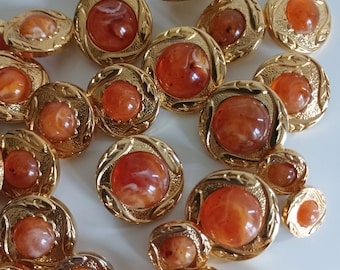 Jewel Buttons Gold Tone Metal Orange Cabochon, Coat Blazer Dress Shirt Buttons, Made In Italy High Fashion Buttons