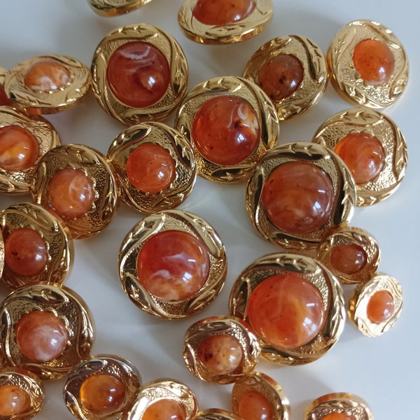 Jewel Buttons Gold Tone Metal Orange Cabochon, Coat Blazer Dress Shirt Buttons, Made In Italy High Fashion Buttons