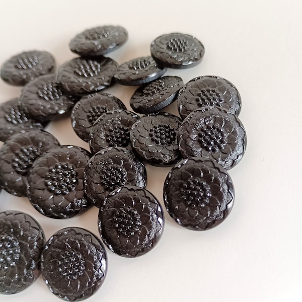 Black Flower Glass Buttons, Coat Jacket Dress Buttons, Made In Italy High Fashion Buttons