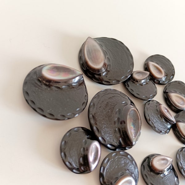 Boutons noirs du milieu du siècle Goutte gris nacré sur le dessus, boutons de robe de veste de manteau, boutons de haute couture fabriqués en Italie