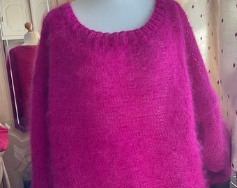Mohair Hand knitted sweater – Oversize Cerise Pink Sweater 58 inches (148 cm)