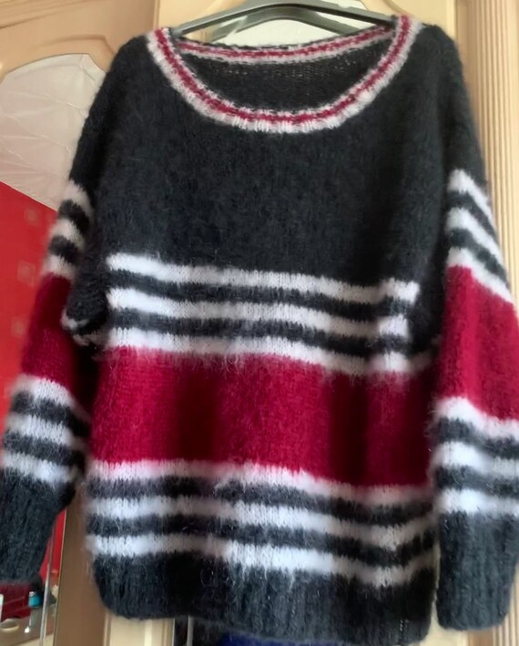 Mohair Sweater Black Red and White Stripe Oversized Sweater 50 Etsy