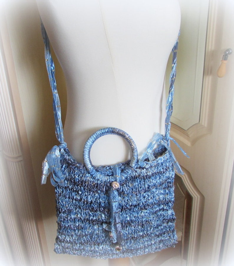 Knitted Ribbon Yarn Bag Blue and Gold Ribbons Etsy UK
