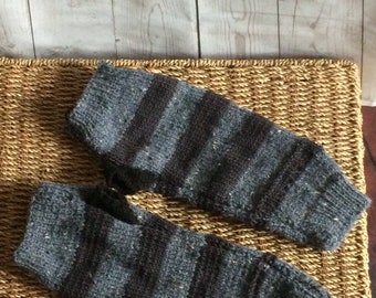 Grey striped knitted thumb tweed  Unisex Arm warmers Large