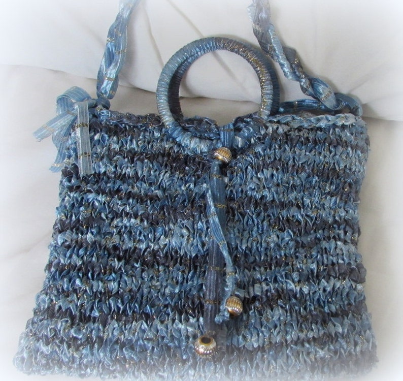 Knitted Ribbon Yarn Bag Blue and Gold Ribbons Etsy UK