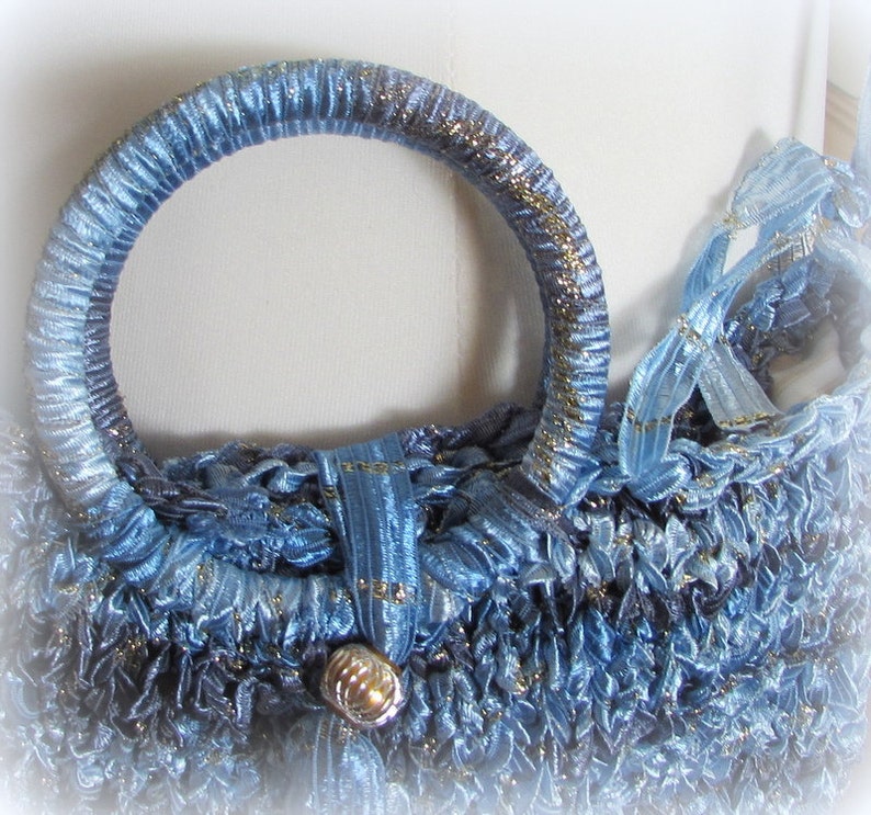 Knitted Ribbon Yarn Bag Blue and Gold Ribbons Etsy