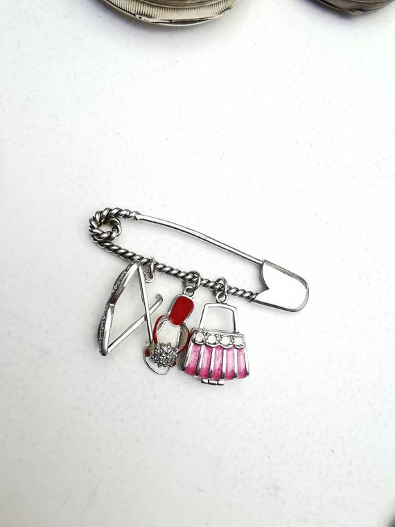 Solid Sterling Silver Safety Pin Brooch With Hand… - image 10