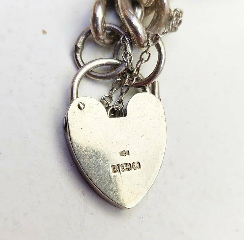 Sterling Silver Vintage Large Chunky Heavy Albert Charm Bracelet With Heart Padlock
