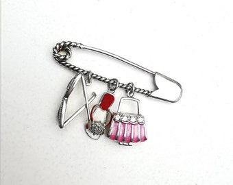 Solid Sterling Silver Safety Pin Brooch With Hand Bag Flip Flop & Sunglasses