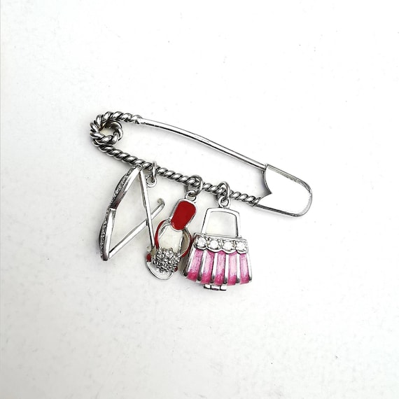 Solid Sterling Silver Safety Pin Brooch With Hand… - image 1