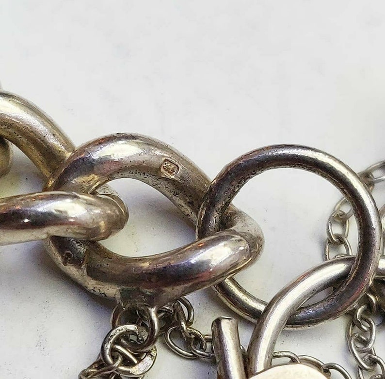 Sterling Silver Vintage Large Chunky Heavy Albert Charm Bracelet With Heart Padlock