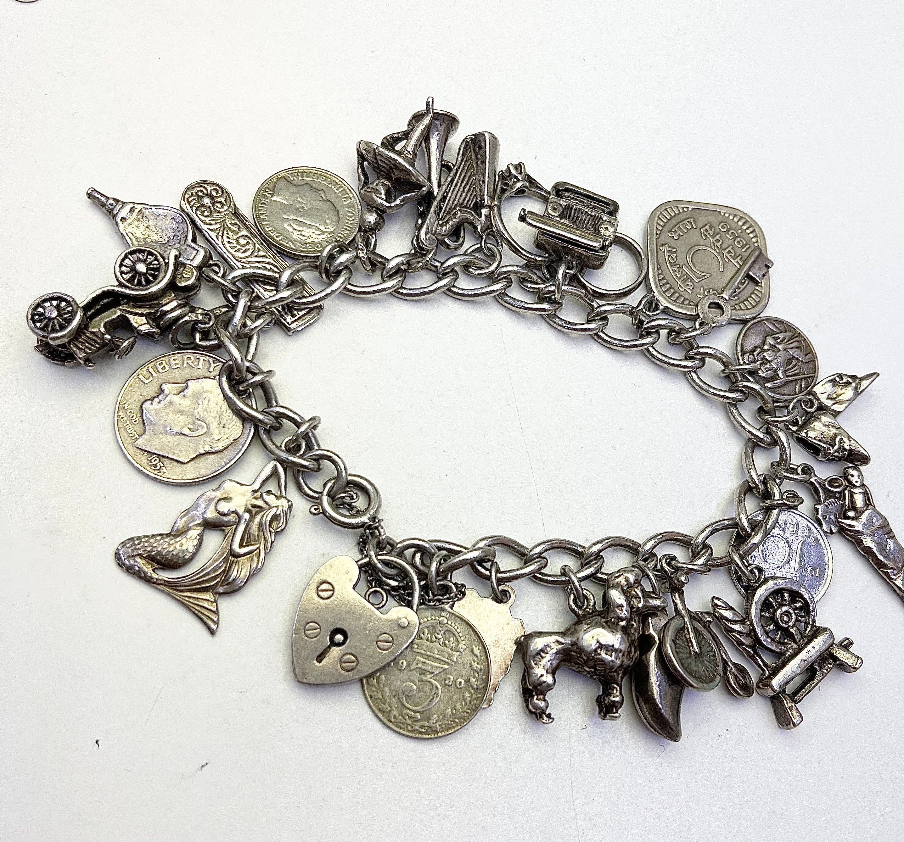 Antique Sterling Silver Charm Bracelet Stamped Every Link 
