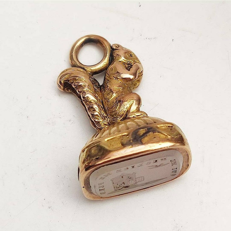 Rare 15ct 15k Solid Gold Antique Squirrel Intaglio Wax Seal Pendant Fob Qui Me Neglige Me Perd, Bird & Open Bird Cage