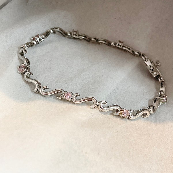 Pink Crystal Round Cut Sterling Silver Bracelet