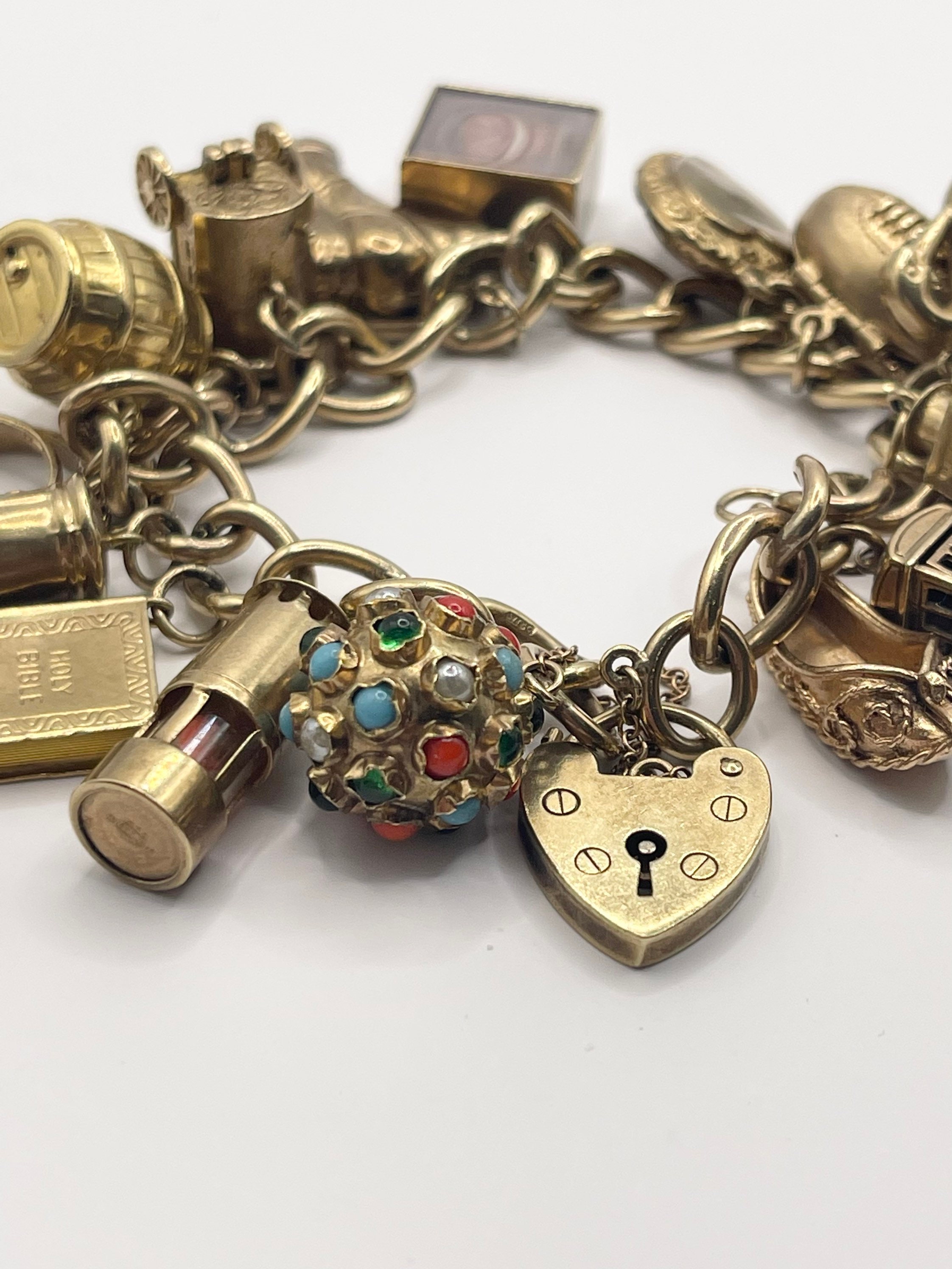 Antique 9ct Gold Full Mixed Charm Bracelet Stamped Every Link with Safety Chain sku1344