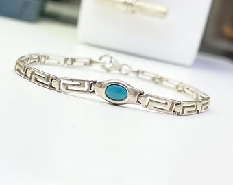 Turquoise Greek Meander Design Bracelet Crafted In Sterling Silver 7 inch