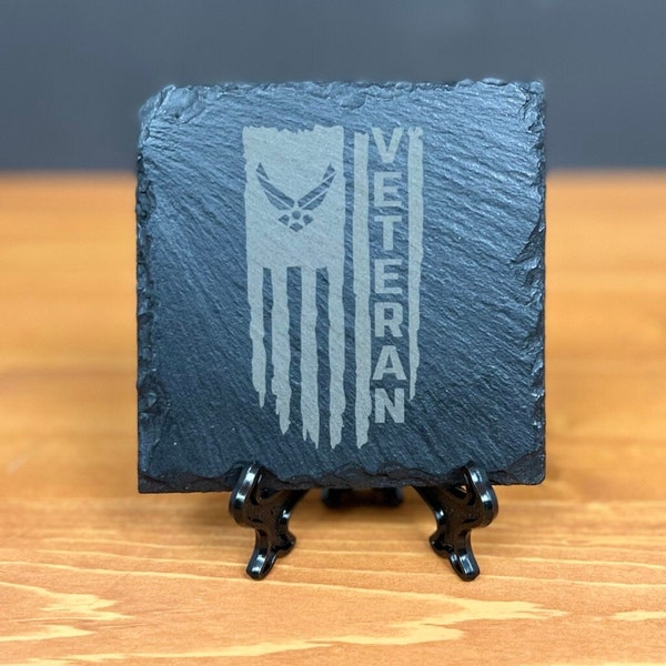 Laser Engraved Slate Coaster with a Distressed American flag with Air Force logo