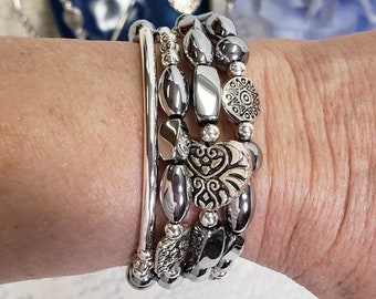 Beaded Wire Wrap Magnetic Silver Bracelet · Arthritis Pain Relief Christmas gift for Her · Easy Wrap On and Off · Therapy Charm Bracelet
