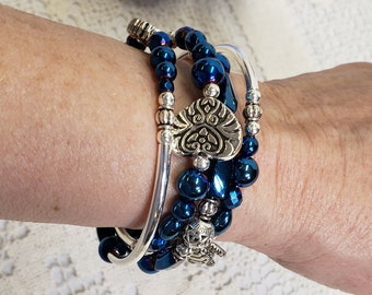 Adjustable Memory Wire Arthritis Magnetic Beaded Stacked Wrap Bracelet Hematite Pain Relief Navy Silver Bead Christmas Jewelry Gift for Her