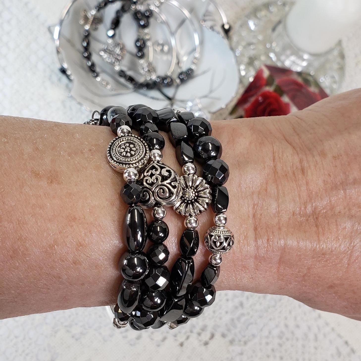 Hematite Beaded Black and Silver Magnetic Wrap Bracelet · Eases Arthritis Carpal Tunnel Neuropathy Pain · Christmas Birthday Gift for Her