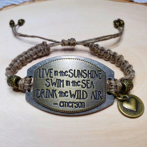 Bracelet citation Emerson, inspiration bracelet cordon de chanvre avec breloque coeur image 1