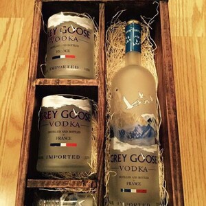 Grey Goose Vodka Wood Box Gift Set - (2) 750ml Bottle Rocks Glasses, (1) 50ml Bottle Shot Glass. Full bottle not included